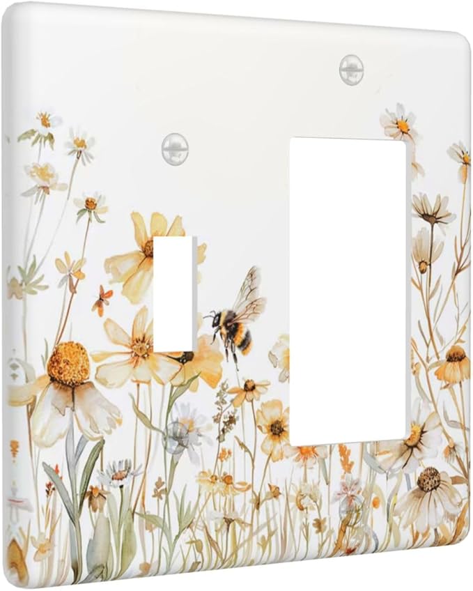 Yellow White Daisy Floral Bee Wild Flower Outlet Covers 1 Toggle 1 Rocker Combination Decorative Wall Plate Electrical Switch Plates Light Switch Cover Plate for Bedroom Living Room Decor
