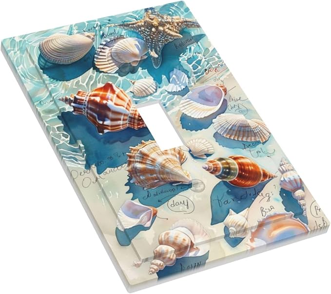 Decorative Light Switch Cover Ocean Waves Starfish Conch Scallop Shell 1 Gang Single Toggle Device Electrical Faceplate Switchplates Decorator Outlet Wall Plate For Kids Room Nursery Decor