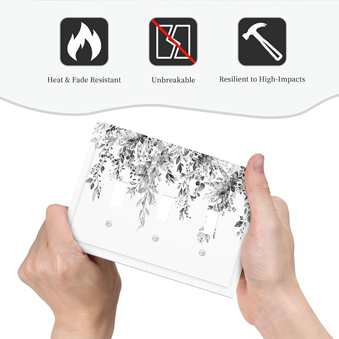 Decorative Switch Plates Grey Floral Plant Eucalyptus Leaf Flower 3 Gang Wall Plate Triple Toggle Light Switch Cover Faceplate Electrical Wall Panels For Bed Room Living Room Decor