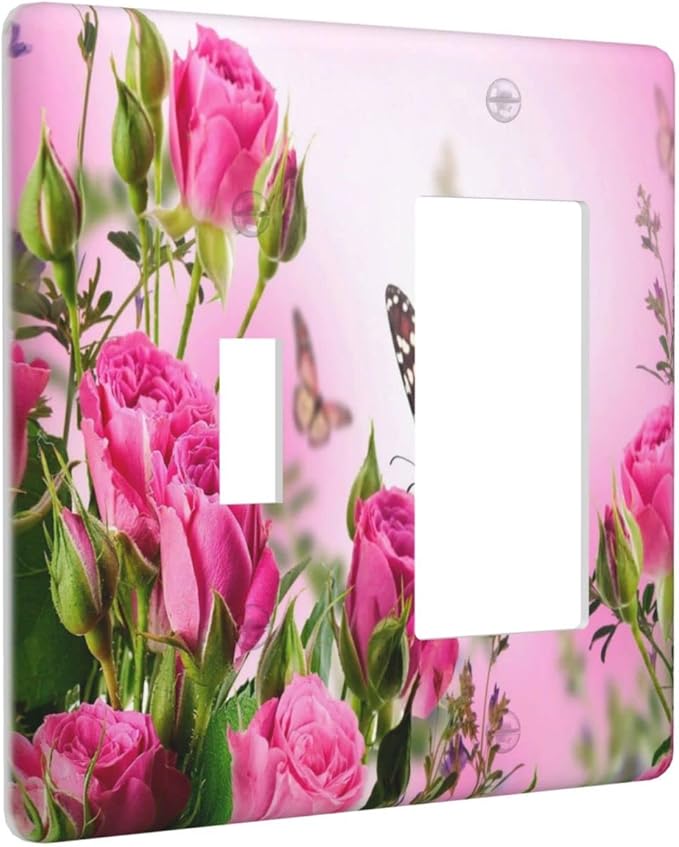 Pink Rose 2 Gang Single Toggle/Rocker Combination Light Switch Cover Decorative Wall Plate Faceplate Floral Butterfly Boys Kids Teen Girl Bedroom Room Decorate 4.5" x 4.5