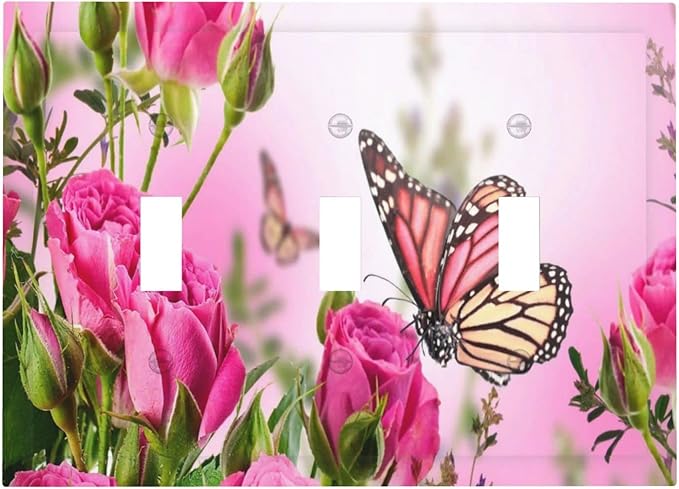 Vintage Pink Wildflower Flower Butterfly Farmhouse Botanical Triple Toggle Light Switch Cover Decorative 3 Gang Wall Plate Switchplate Home Faceplate Rose Butterfly Rustic Barn Kitchen Bathroom Decor