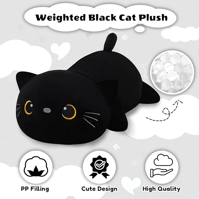 Finebee Weighted Black Cat Stuffed Animals, Cute Weighted Black Cat Plush, Soft Stuffed Weighted Plushie Pillow Gifts for Girls Boys(13.8" 1.6Lbs)