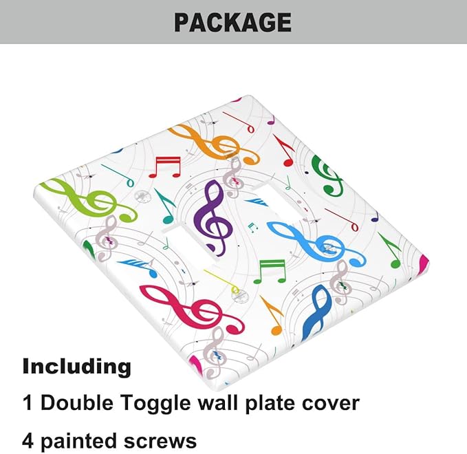 Colored Music Notes Double Toggle Light Switch Cover, Music Theme Artistic 2-Gang Wall Plate for Music Room Studio Home Bedroom Decor