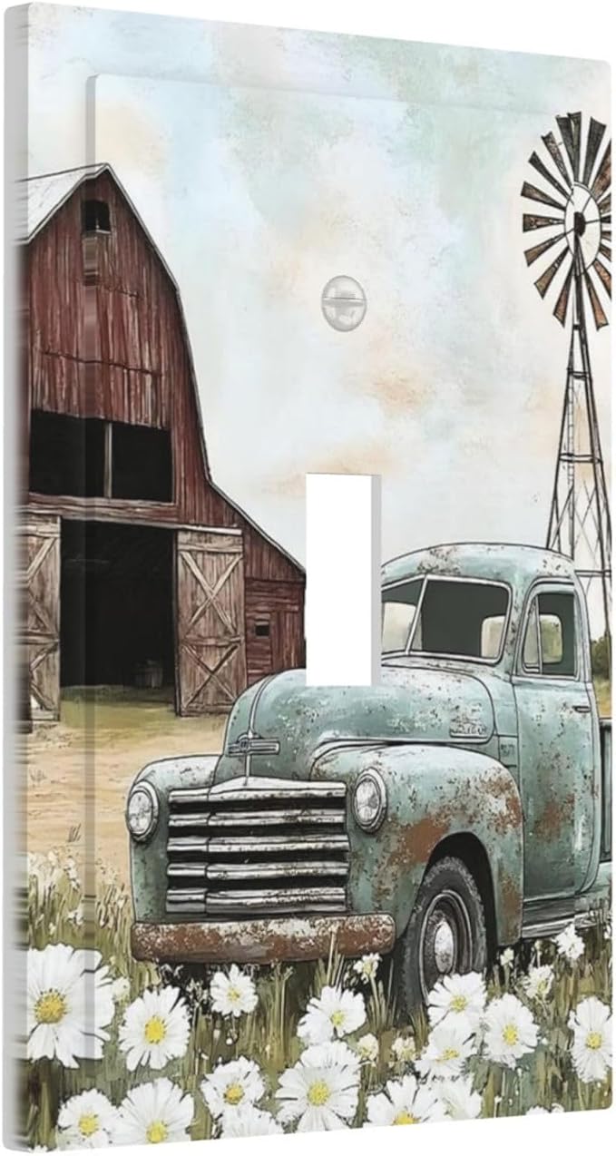 Retro Trucks Old Barn Windmill Teal Car Rustic Decorative Light Switch Cover 1 Gang Single Toggle Device Electrical Faceplate Switchplates Decorator Outlet Wall Plate for Farmhouse Home Decor
