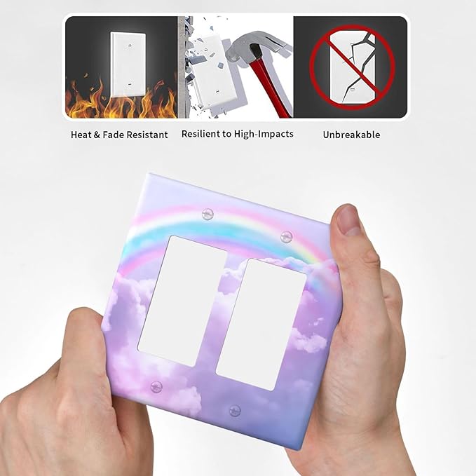 Rainbow in the Clouds Double Rocker Wall Plates Pink Art Panel 2 Gang Light Switch Cover Decorative Purple Cloud GFCI Electrical Switchplate Cute Dimmer for Bedroom Kidroom Nursery Decor