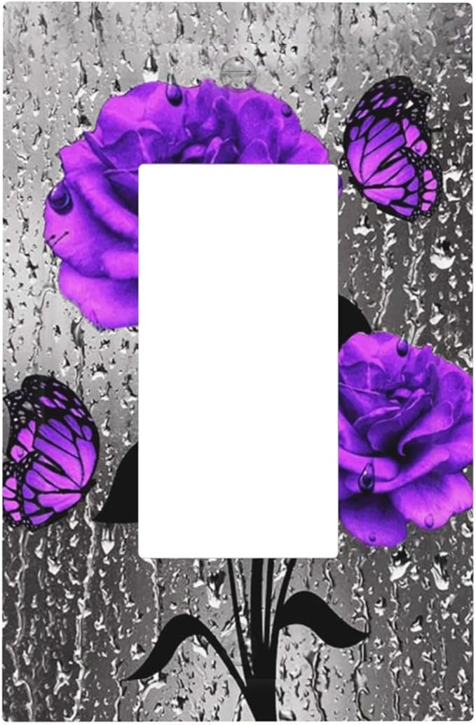 Purple Rose Butterfly 1-Gang Decorator Rocker Outlet Light Switch Cover Romantic Blossom Flowers Floral Art Valentine's Day Decorative Single Device GFCI Switch Wall Plate Dimmer (4.92 IN x 3.23 IN)