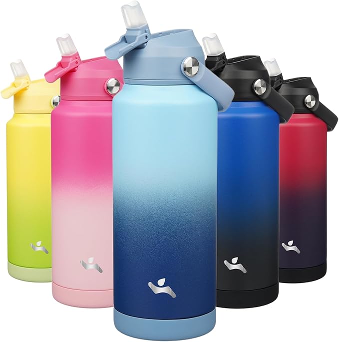 Konokyo Insulated Water Bottle with Straw Lid,32 oz Stainless Steel Vacuum Metal Bottle with Silicone Handle, Sky