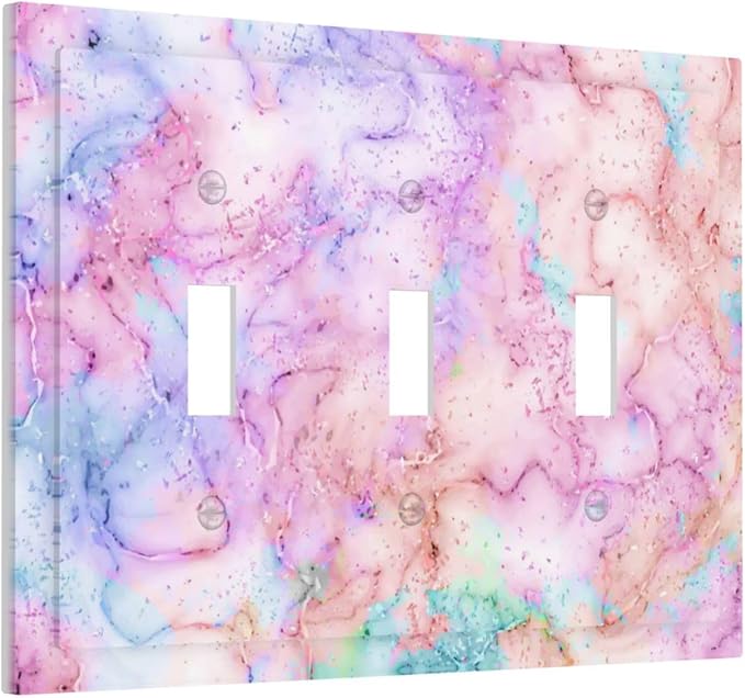 Decorative Switch Plate Covers Cute Marble Texture 3 Gang Light Switch Cover Pink Purple Gold Abstract Triple Toggle Wall Plate Electrical Faceplate for Kids Girls Nursery Bedroom Home Decor