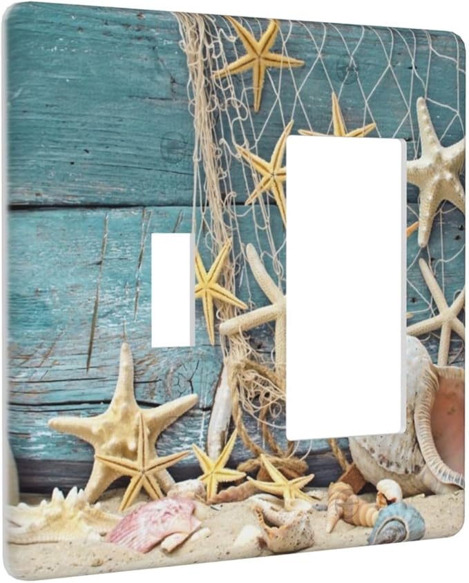 Nautical Beach Starfish Teal Wood 2 Gang Single Toggle/Rocker Combination Light Switch Cover Decorative Wall Plate Cover Electrical Faceplate Art Oil Painting Decor