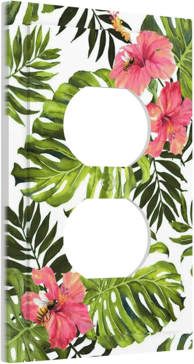 Tropical Plant Green Palm 1 Gang Duplex Outlet Covers Light Switch Cover Decorative Electrical Switchplate Banana Leaves Pink Flower Rainfores Jungle Botanical Faceplate for Bathroom Bedroom