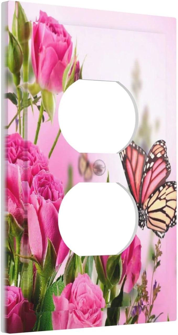 Pink Rose Romance Flowers Green Leaves Spring Scenic 1 Gang Outlet Covers Duplex Receptacle Wall Plate Decorate Electrical Faceplate Switchplates Flower Butterfly Ladies Valentine's Day Bathroom Decor