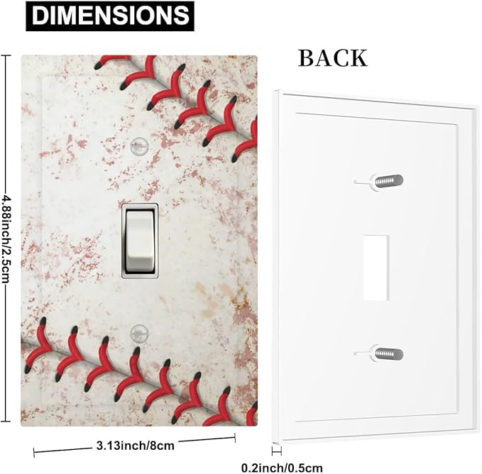 Vintage Baseball Stitch & Distressed Leather 1-Gang Toggle Light Switch Plate, Home Run Game Themed Decorative Wall Plate for Boy's Bedroom