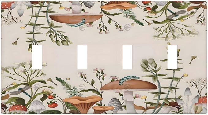 Boho Mushroom Forest Plants Wildflowers Insects Light Switch Covers Quad Toggle Electrical Faceplate 4 Gang Wall Plate Decorative Switch Plates for Kids Room Home Decor