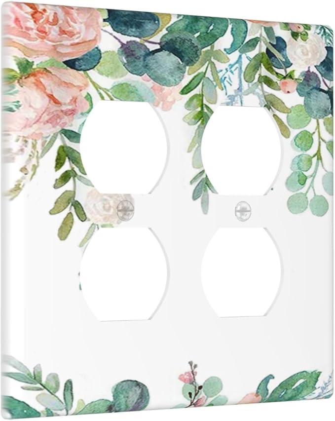 Green Eucalyptus Leaves Floral Watercolor Flower Outlet Covers 2 Gang Double Duplex Decorative Light Switch Covers Electrical Wallplates Socket Faceplate for Bed Room Living Room Decor