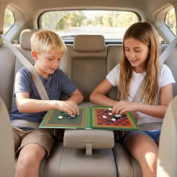 2-in-1 Checkers & Reversi Board Game | Magnetic Travel Games for Kids 8-12 | Plane Activities for Kids Ages 8-12 | Foldable Magnetic Checkers & Travel Activities