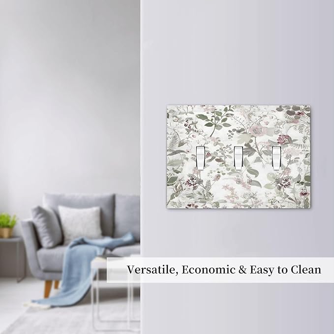 Boho Floral Leaf Vintage Watercolor Flower Decorative Switch Plates 3 Gang Wall Plate Triple Toggle Light Switch Cover Faceplate Electrical Wall Panels for Farmhouse Bedroom Decor