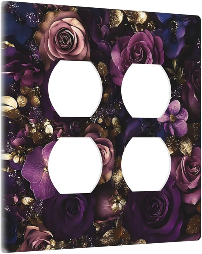 Decorative Outlet Covers with Luxurious Purple Roses Gold Accents Leaves Design 2 Gang Wall Plate Double Duplex Receptacle Light Switch Cover Switch Plate Cover for Bedroom/Living Room Decor
