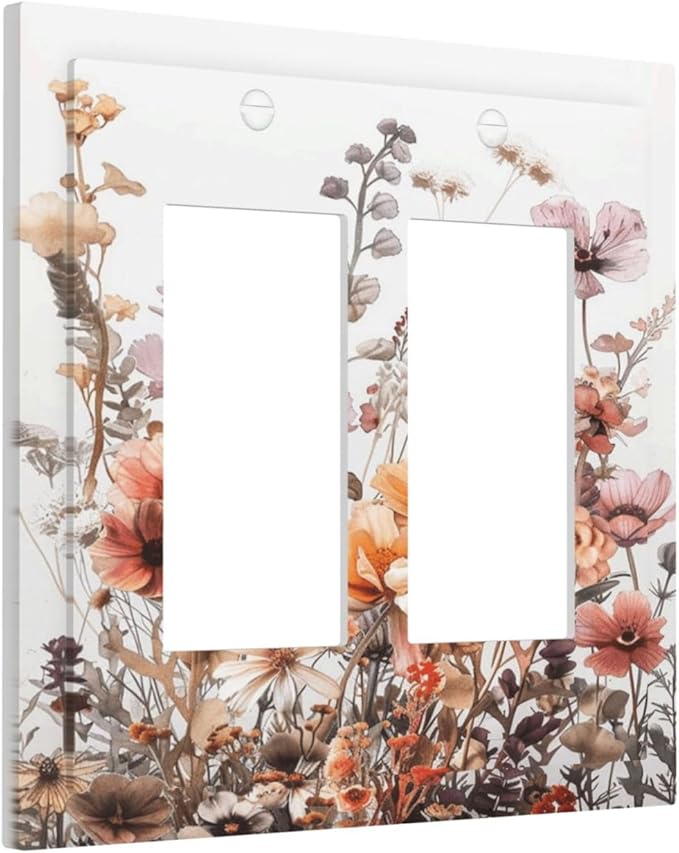 Boho Nursery Wildflower Flora Vintage Flower Decorative Outlet Covers 2 Gang Double GFCI Rocker Electrical Wall Panels Light Switch Cover Plate for Bedroom Living Room Decor