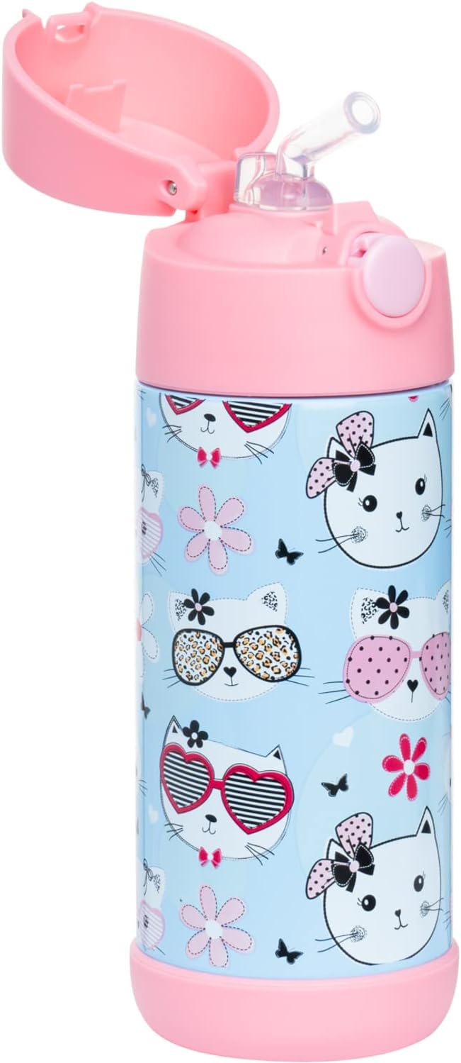 Snug Insulated Kids Water Bottle with Straw & Spout – Double-Wall Stainless Steel, Leakproof, Easy-Flip Lid – For School, Travel, Toddlers & Big Kids - Kitty, 12oz