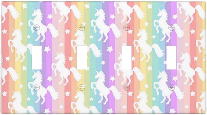Kids Girls Girly Bedroom Rainbow 4 Gang Device Decorator Outlet Light Switch Cover Plate, Colorful Stars Stripes Unicorn Decorative Funny Pink Teen Animals Quad Toggle Wallplate Faceplate Cover