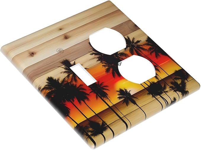 Sunset Beach Coconut Palm Tree Wooden Background Wallplates 1 Toggle 1 Duplex Switch Plate Electrical GFCI Faceplate Decorative Light Switch Covers for Bedroom Living Room Decor