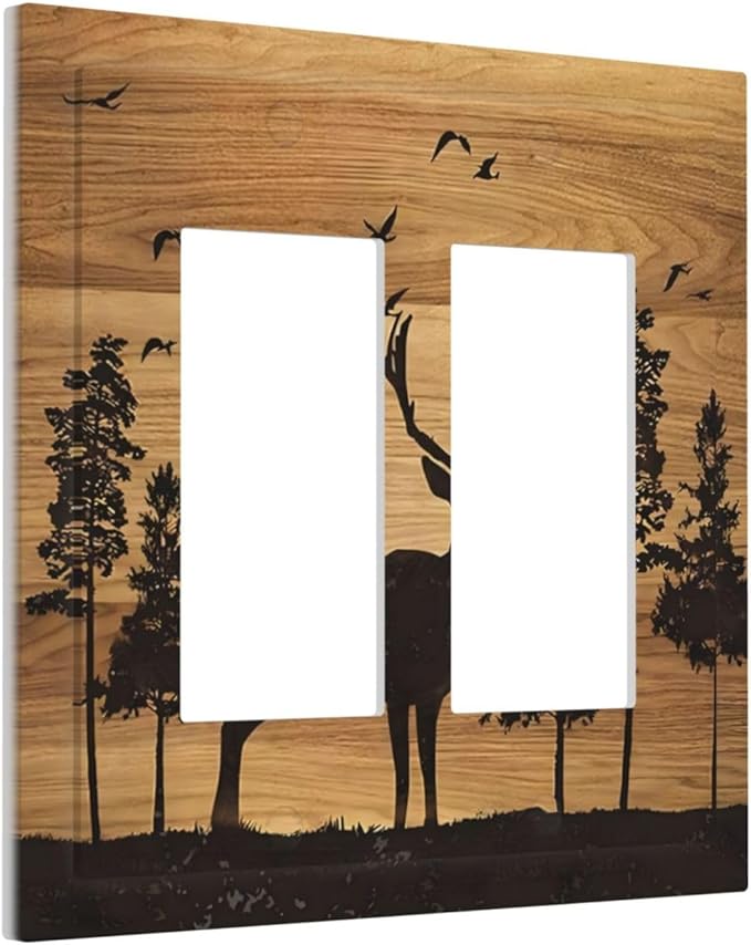 Elk Moose Forest Hunting Pyrography Art Wood Texture Print Decorative Outlet Covers 2 Gang Double GFCI Rocker Electrical Wall Panels Light Switch Cover Plate for Farmhouse Bedroom Decor