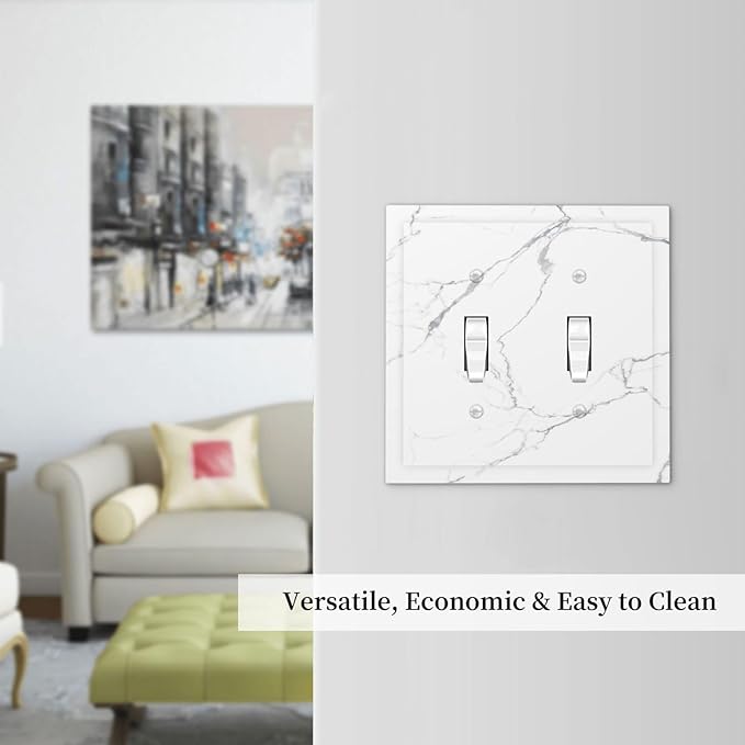 Luxurious White Marble Abstract Print Decorative Switch Plates 2 Gang Double Toggle Outlet Light Switch Cover Wall Plate Electrical Faceplate for Bathroom Kitchen Bedroom Decor