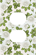 Elegant White Roses & Green Leaves Floral Duplex Wall Plate - 1-Gang Standard US Size Timeless Rose Garden Outlet Covers for Bathroom Bedroom Vanity Decor