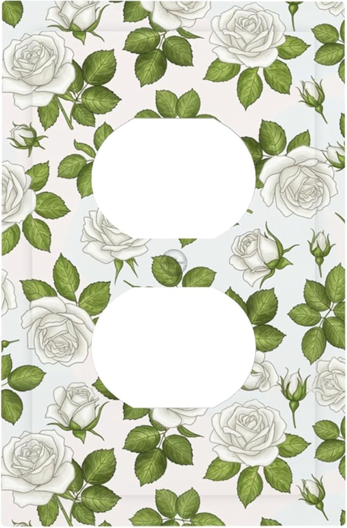 Elegant White Roses & Green Leaves Floral Duplex Wall Plate - 1-Gang Standard US Size Timeless Rose Garden Outlet Covers for Bathroom Bedroom Vanity Decor