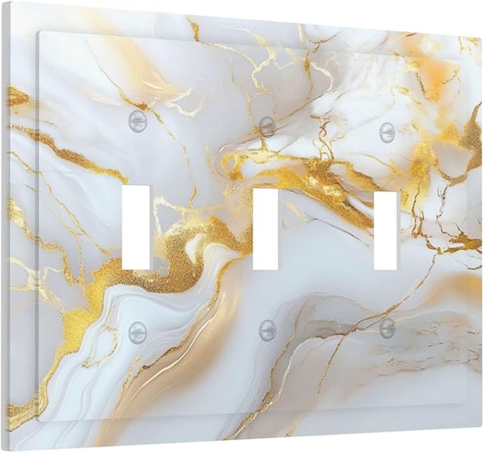 Decorative Switch Plate Cover Abstract Gold Marble Design with White & Gold 3 Gang Artistic Wall Plate Unique Triple Toggle Light Switch Covers for Modern Luxurious Decor