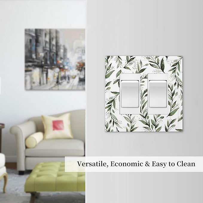 Green Leaf Olive Leaf Sage Floral Decorative Outlet Covers 2 Gang Double GFCI Rocker Electrical Wall Panels Light Switch Cover Plate for Bedroom Living Room Decor
