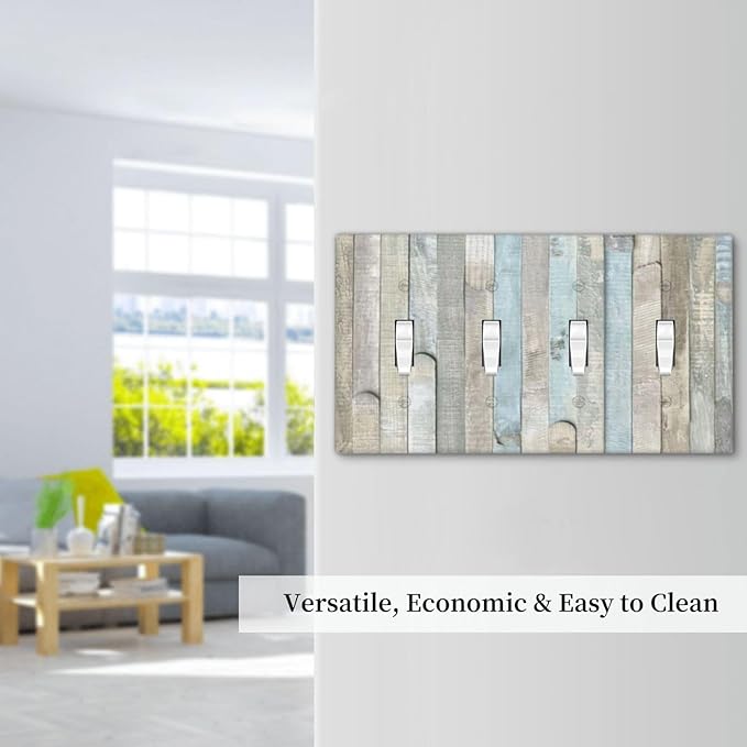 Country Rustic Blue White Wood 4 Gang Quad Toggle Device Light Switch Cover Decorative Wall Plate Decorative Electrical Faceplate Outlet Cover