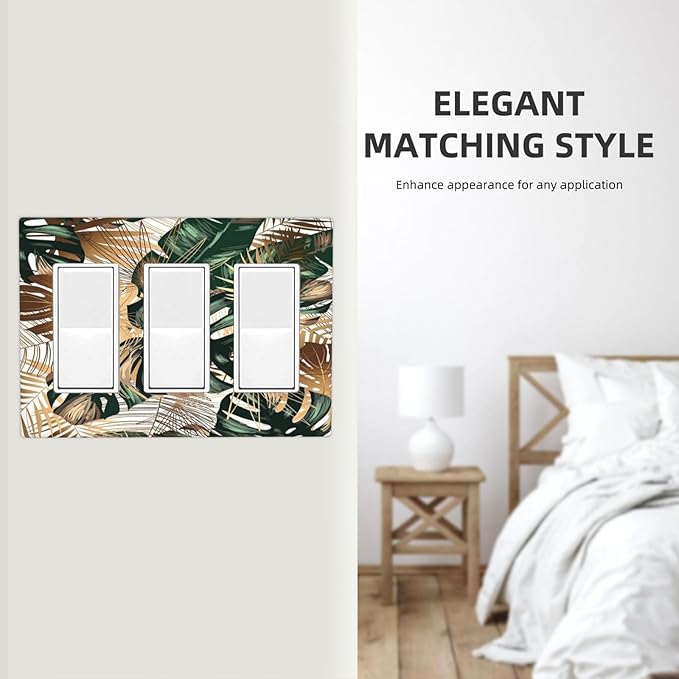 Green Tropical Leaves Gold Palm Leaf Botanical 3 Gang Rocker Light Switch Covers Decorative Unique Triple Outlet Wall Plate Cover Faceplate Decorative Switchplate GFCI for Kitchen Bedroom Bathroom