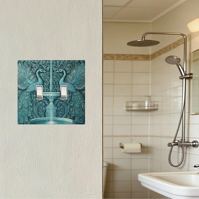 Art Nouveau Peacocks & Fountain in Teal Garden Double Toggle Switch Cover - 2-Gang Standard US Size Elegant Garden Escape Light Switch Covers for Living Room Decor