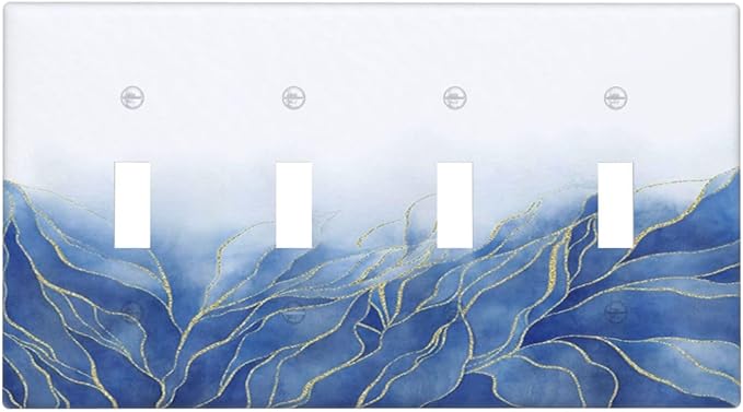 Light Switch Cover Plate Blue Gold Leaf Marble Modern Abstract 4 Gang Quad Toggle Decorative Switch Plates Wall Panels Electrical Wall Plates Faceplate for Kitchen Bathroom Decor