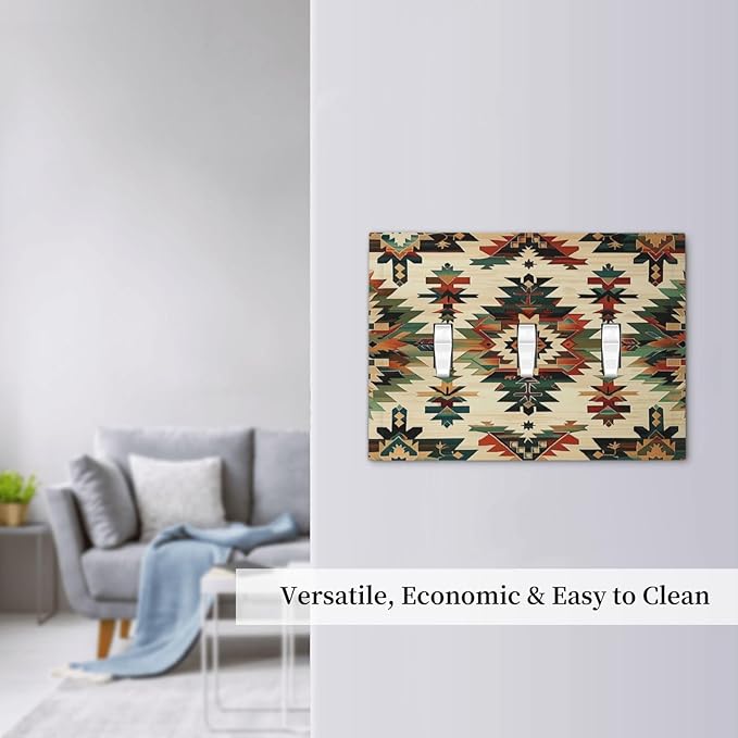 Decorative Switch Plates Southwest Rustic American Indian Aztec Boho 3 Gang Wall Plate Triple Toggle Light Switch Cover Faceplate Electrical Wall Panels for Bed Room living Room Decor