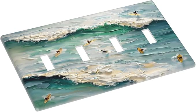 Beach Waves Ocean Surfing Hoverboard Painting Print Light Switch Covers Quad Toggle Electrical Faceplate 4 Gang Wall Plate Decorative Switch Plates Cover for Bedroom Living Room Decor