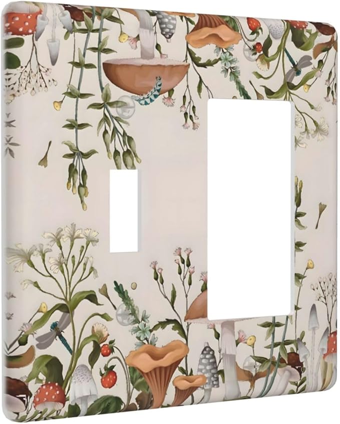 Boho Mushroom Forest Plants Wildflowers Insects Outlet Covers 1 Toggle 1 Rocker Combination Decorative Wall Plate Electrical Switch Plates Light Switch Cover Plate for Kids Room Home Decor