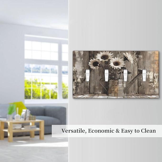 Rustic Floral Country Sunflower Daisy Old Wooden Boards Light Switch Covers Quad Toggle Electrical Faceplate 4 Gang Wall Plate Decorative Switch Plates Cover for Farmhouse Home Decor