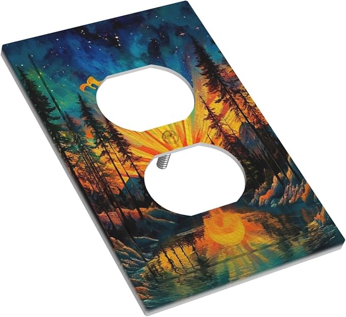 Decorative Outlet Covers Vintage Forest Sun Boho Mountain Starry Sky 1 Gang Duplex Light Switch Cover Plate Electrical Switch plates Wall Plates Receptacle Covers for Bathroom Bedroom Decor