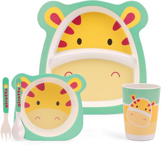Kids Dinnerware Set, 5-Pieces Includes Divided Plate Bowl Cup Fork Spoon Utensils, BPA Free Bamboo Fiber Material Perfect for Boy and Girls (Giraffe)