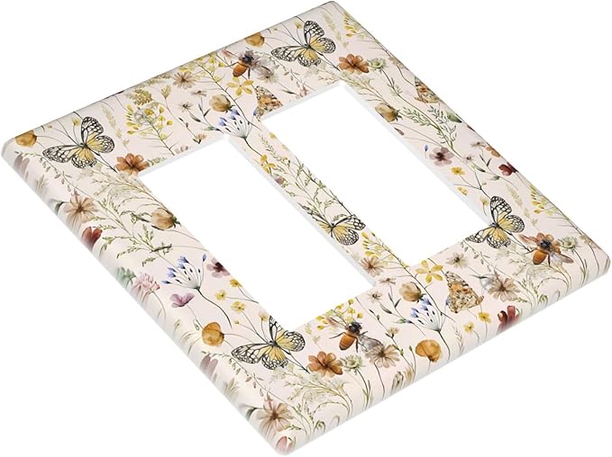 Vintage Butterflies Double Rocker Wall Plates Colorful Wildflower 2 Gang Light Switch Cover Decorative Cute Bees GFCI Electrical Switchplate Beige Flower Leaves Dimmer Decor for Bedroom Kidroom