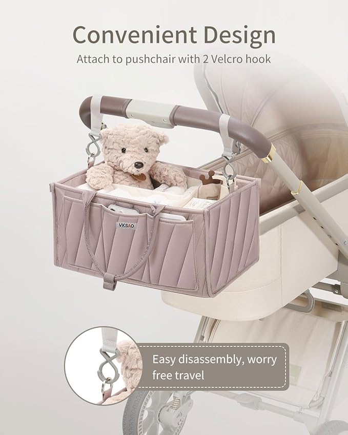 Diaper Caddy Organizer – Portable Storage Basket with Shoulder Strap & Stroller Hooks, Splashproof Quilted Nursery & Car Tote, Gender Neutral Gift for Baby Shower, Smoky Gray