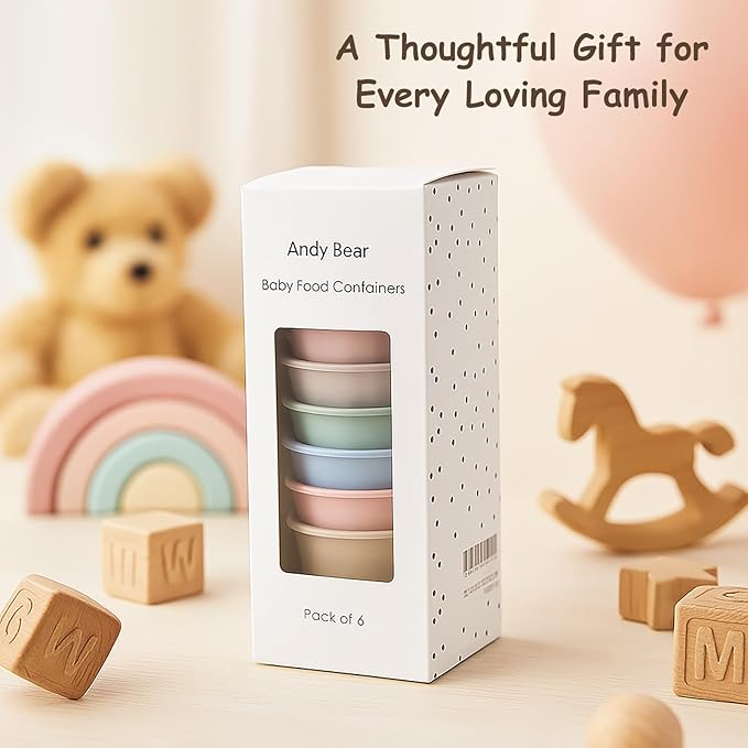 Silicone Baby Food Containers 6 Pack 4oz Baby Food Storage Set, Airtight Leak Proof Baby Feeding Cups, Freezer & Microwave Safe, Stackable Baby Snack Containers, Baby Shower Gift Andy Bear