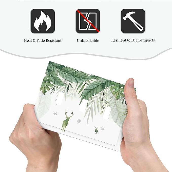 Deer Banana Leaves Palm Trees Green Plants Decorative Switch Plates 3 Gang Wall Plate Triple Toggle Light Switch Cover Faceplate Electrical Wall Panels for Bed Room Living Room Decor