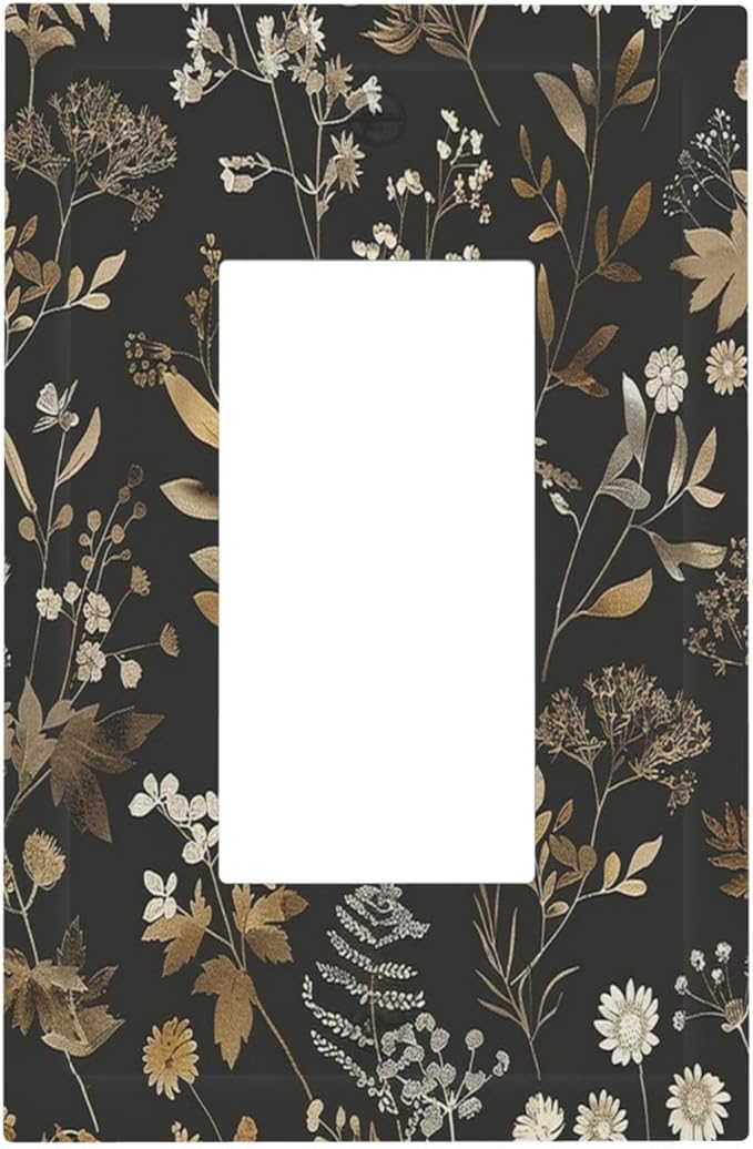 Decorative Outlet Covers Black Gold Floral Dark Leaves Vintage Flowers 1 Gang Single Rocker Light Switch Cover Plate Wall Plates GFCI Faceplate for Bed Room Home Decor
