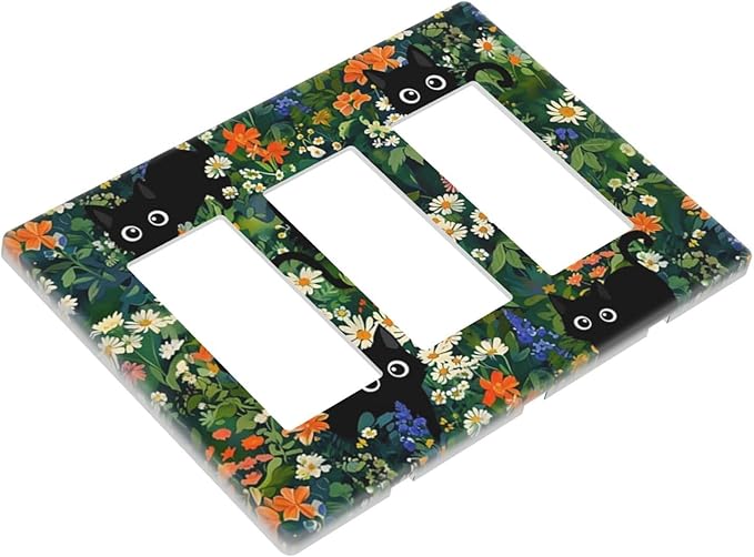 Black Boho Green Leaves Floral Triple Decorator Light Switch Cover 3 Gang GFCI/Rocker Wallplate Decorative Electrical Faceplate Switchplate Dimmer Screwless