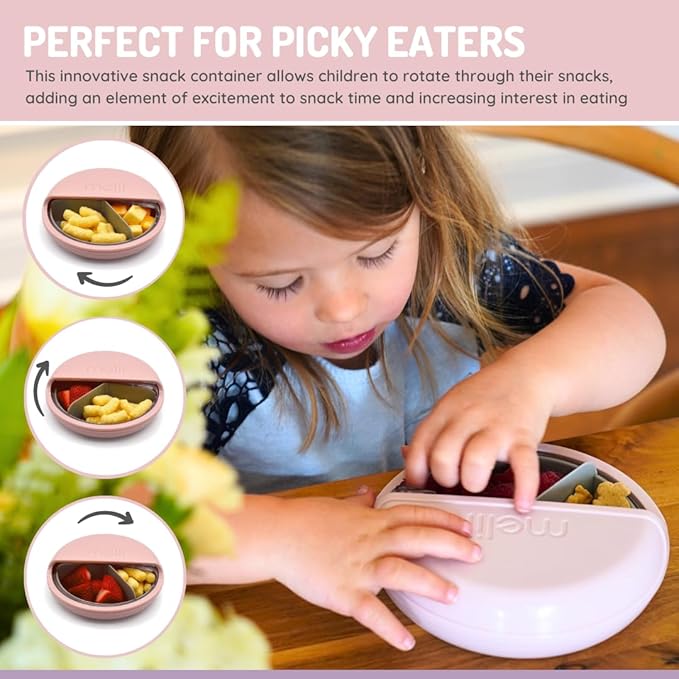 melii Spin Snack Container | 3-Compartment Rotating Snack Box with Sliding Window, BPA-Free, Dishwasher Safe, Portable Snack Container for Kids Ages 3+ (Pink)