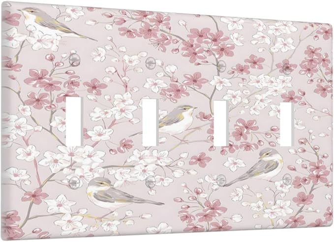Pink Sakura Cherry Blossom Vintage Bird Floral Flower Light Switch Covers Quad Toggle Electrical Faceplate 4 Gang Wall Plate Decorative Switch Plates Cover for Bedroom Living Room Decor