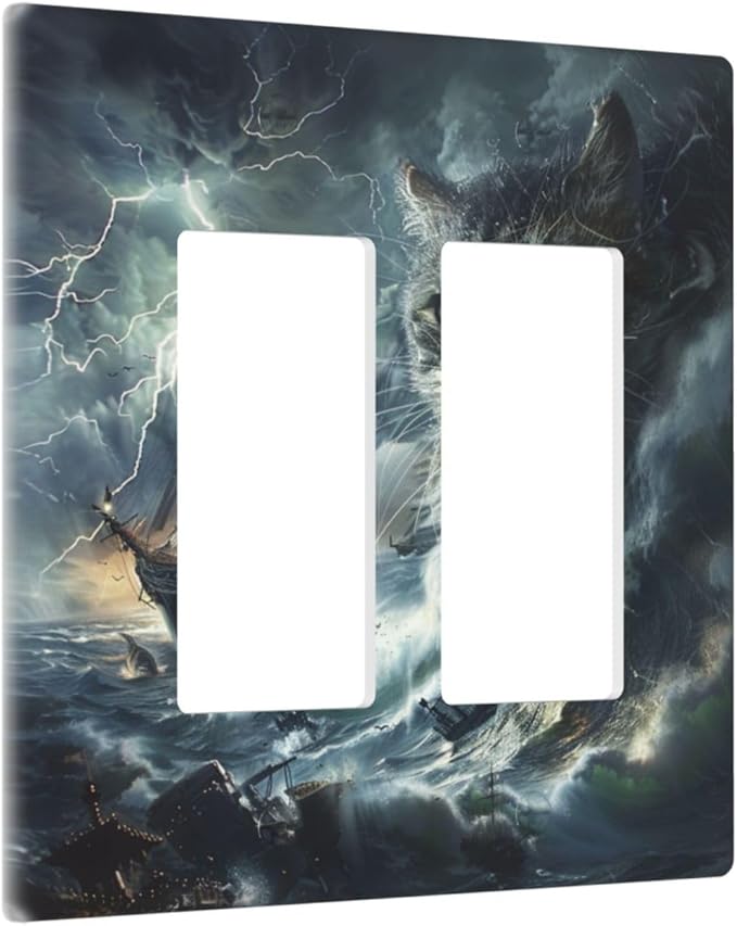 Light Switch Cover Plate funny Cat Stormy sea Lightning Sailboats 2 Gang Double Rocker Outlet Covers Decorative Switch plates Electrical Wall Plates GFCI Receptacle for Bathroom Kid Room Decor